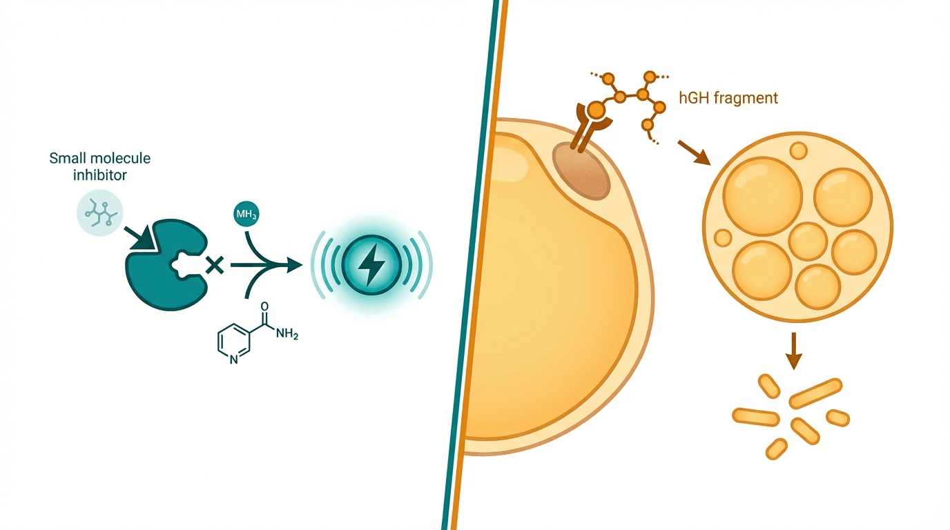 Side-by-side comparison diagram of 5-Amino-1MQ and AOD-9604 mechanisms of action