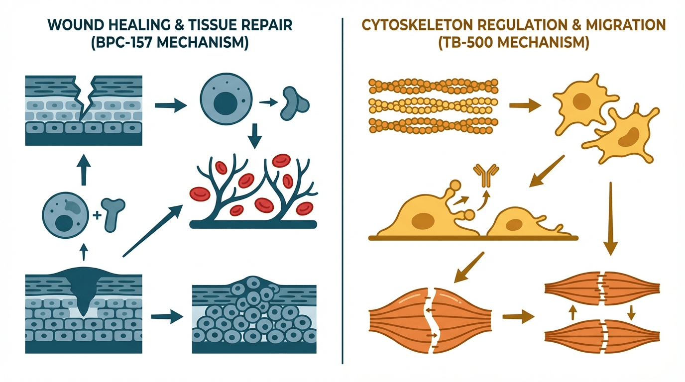 Side-by-side comparison diagram of BPC-157 and TB-500 mechanisms of action
