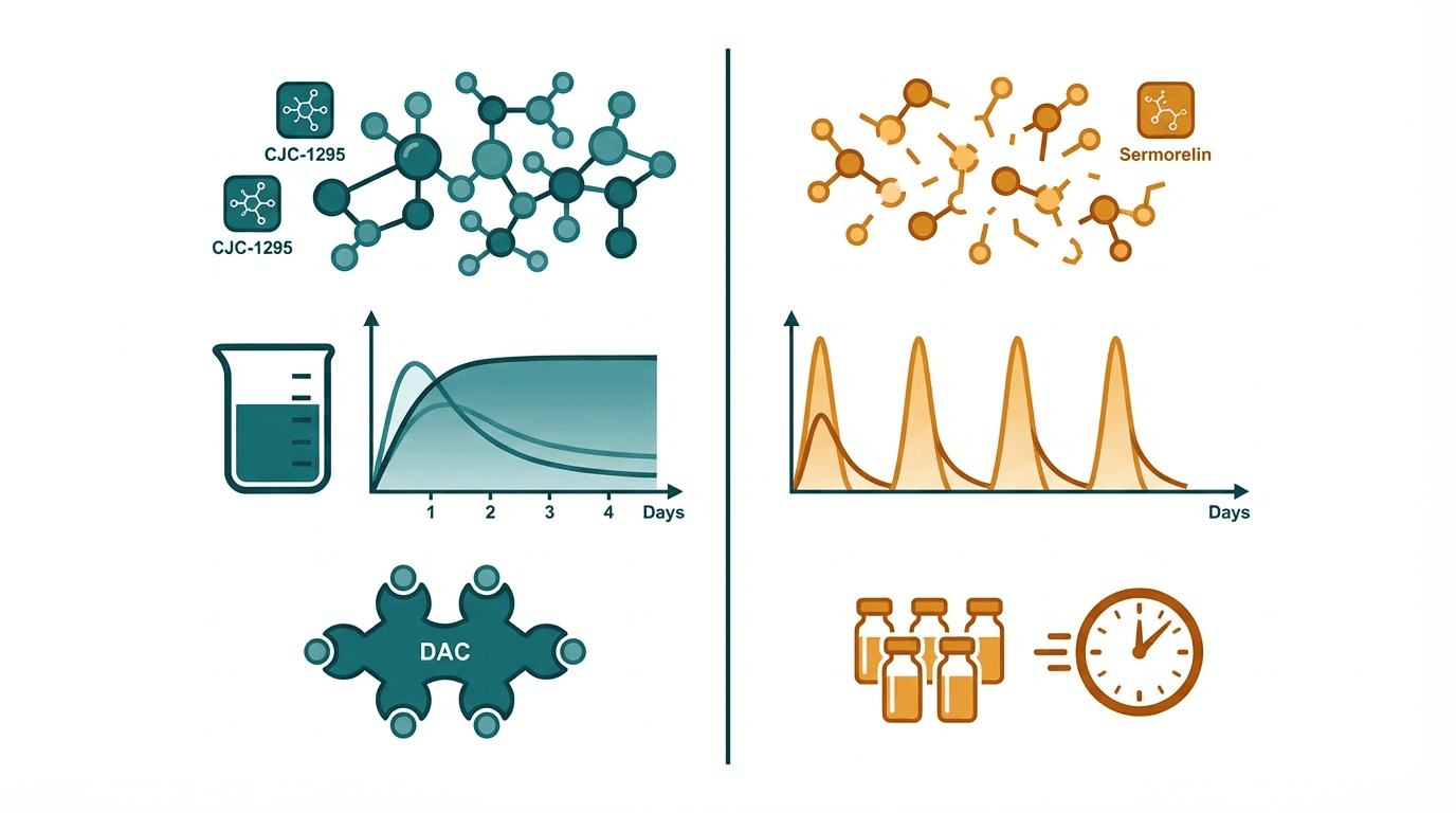 Side-by-side comparison diagram of CJC-1295 and Sermorelin mechanisms of action