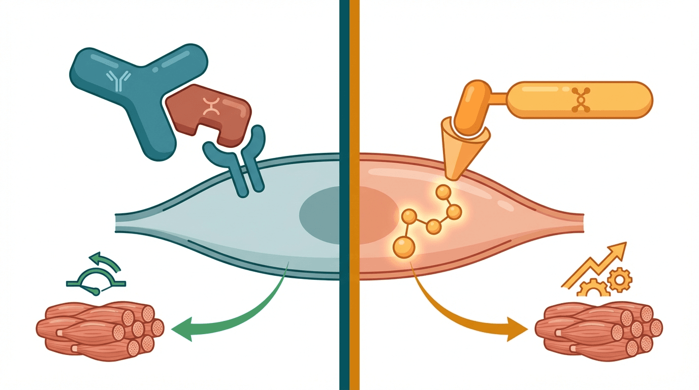 Side-by-side comparison diagram of Follistatin and IGF-1 LR3 mechanisms of action