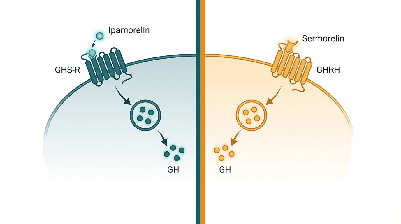 Side-by-side comparison diagram of Ipamorelin and Sermorelin mechanisms of action