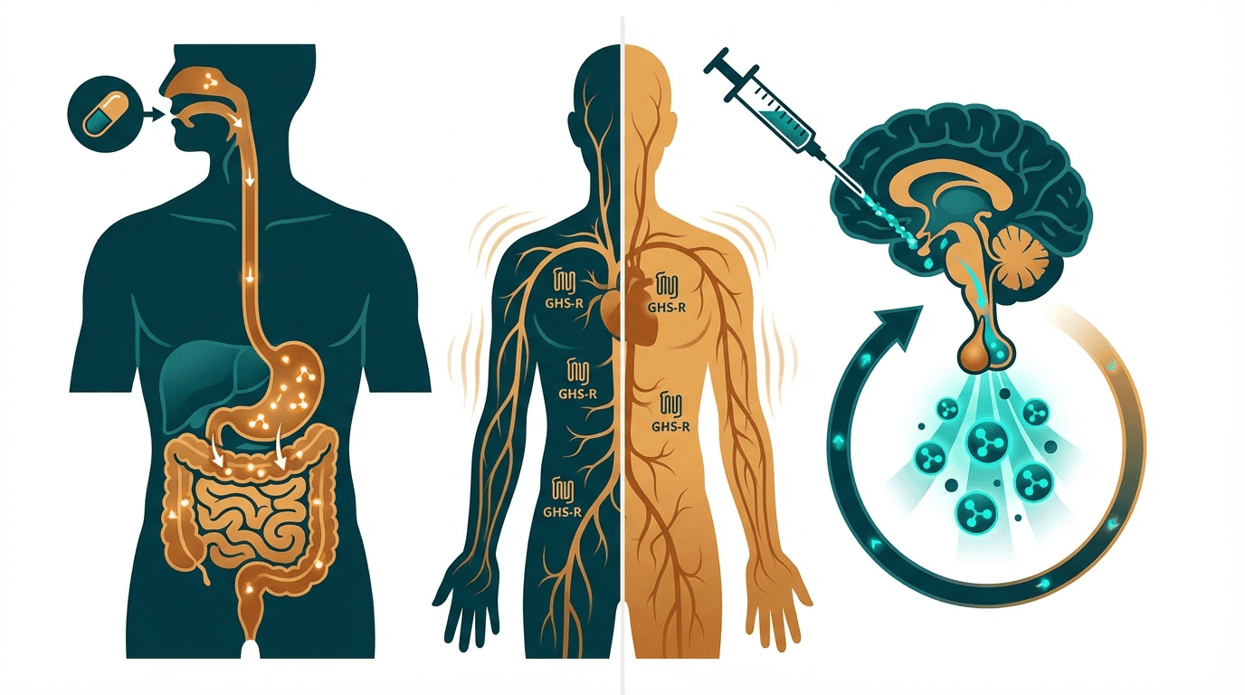 Side-by-side comparison diagram of MK-677 (Ibutamoren) and Ipamorelin mechanisms of action