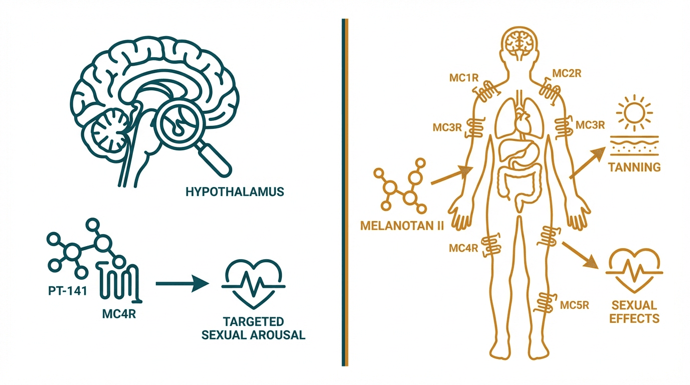 Side-by-side comparison diagram of PT-141 and Melanotan II mechanisms of action