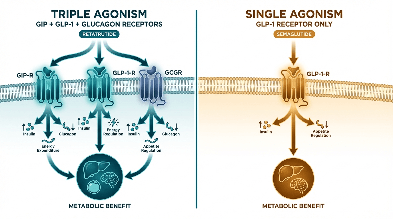 Side-by-side comparison diagram of Retatrutide and Semaglutide mechanisms of action
