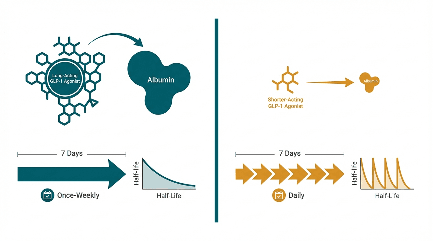 Side-by-side comparison diagram of Semaglutide and Liraglutide mechanisms of action