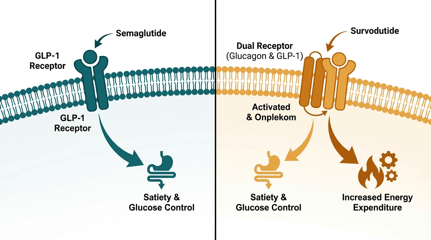 Side-by-side comparison diagram of Semaglutide and Survodutide mechanisms of action
