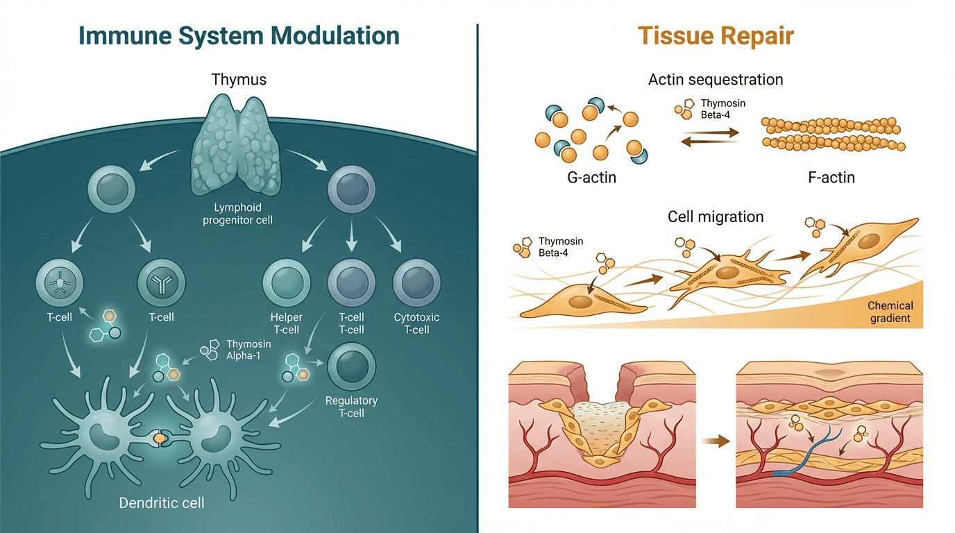 Side-by-side comparison diagram of Thymosin Alpha-1 and Thymosin Beta-4 mechanisms of action