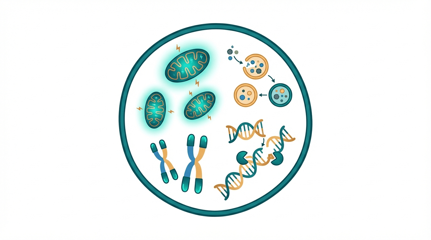 Scientific illustration representing anti-aging & longevity and related peptide mechanisms